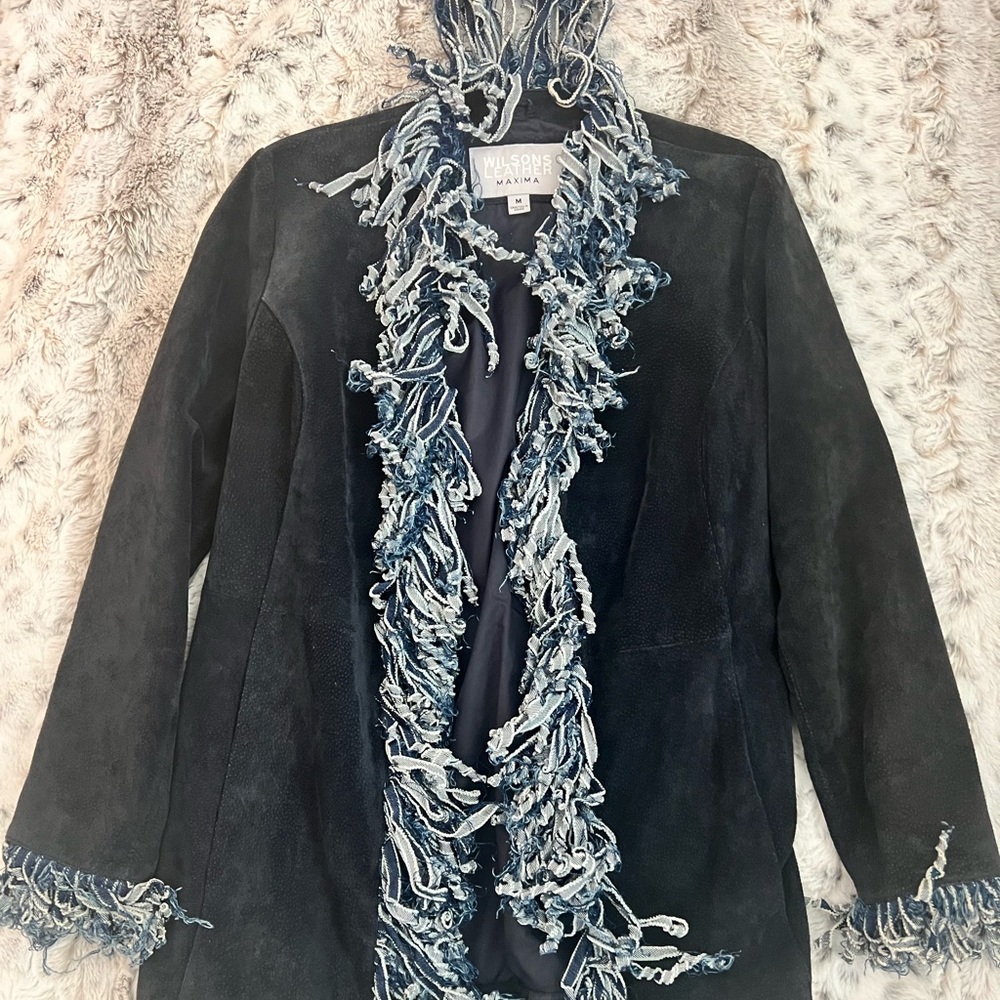 Mid Length Dark Blue Suede Womens Coat with denim fringe